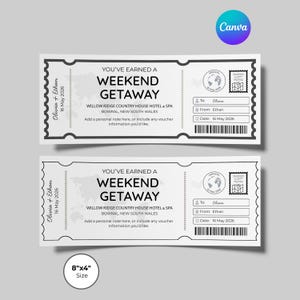Può includere: Due biglietti in bianco e nero per un weekend con la scritta "YOU'VE EARNED A WEEKEND GETAWAY". Ogni biglietto misura 20 cm x 10 cm e include i dettagli per Olivia ed Ethan, con data 16 maggio 2026. I biglietti sono per Willow Ridge Country House Hotel & Spa.