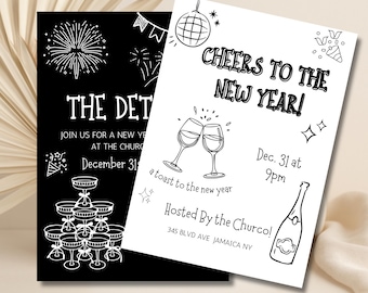 New Year’s Eve Invitation Canva Template, Printable Black and White NYE Cocktail Party Card, Editable Cheers to the New Year Invitation Card
