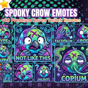 20 Neon Crow Twitch Emotes Voodoo Doll Bird Sub Badges Cyberpunk Stream Assets for VTubers