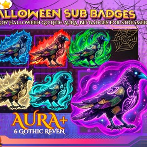 Könnte beinhalten: Eine digitale Sammlung von sechs Raben-Illustrationen mit leuchtenden Auren in Blau, Rot, Grün, Gelb, Türkis und Lila. Jeder Rabe hat komplexe Muster auf seinen Federn. Der Text lautet Halloween Sub Badges, Spooky Crow Halloween Gothic Aura Bit Badges For Streamers und Aura+ 6 Gothic Raven.
