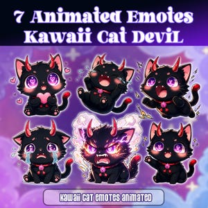 Könnte beinhalten: Eine digitale Sammlung von 7 animierten Emotes, die eine schwarze Katze mit roten Teufelshörnern und violetten herzförmigen Augen zeigen. Das Set enthält verschiedene Ausdrücke wie Weinen, Lachen und Wut, mit dem Text 7 Animated Emotes Kawaii Cat DeviL.