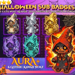 May include: A digital collection of six Halloween-themed wolf reaper badges for streamers. Each badge features a wolf character in a hooded cloak holding a scythe, presented in various color palettes including orange, silver, gold, purple, and teal.