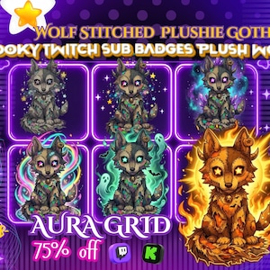 May include: A digital collection of six wolf plushie illustrations featuring stitched details and various glowing aura effects. The wolves have star-shaped eyes and are presented in a grid format with text reading WOLF STITCHED PLUSHIE GOTHIC SPOOKY TWITCH SUB BADGES PLUSH WOLF AURA GRID.