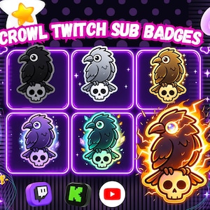 May include: A set of six digital Twitch sub badges featuring cartoon crows perched on skulls. The crows appear in black, silver, brown, purple, teal, and a fiery orange with lightning effects. The text CROWL TWITCH SUB BADGES is displayed.