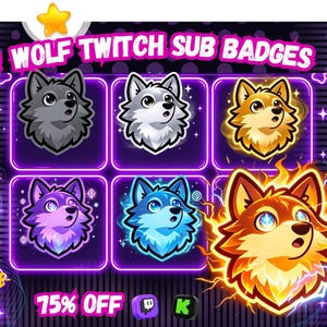 Könnte beinhalten: Ein Set aus 6 Wolf Twitch Sub-Badges mit Cartoon-Wolfsköpfen in verschiedenen Farben, darunter Grau, Weiß, Gold, Lila, Blau und ein feuriges Orange. Der Text 6 WOLF TWITCH SUB BADGES steht oben auf einem violetten Hintergrund.