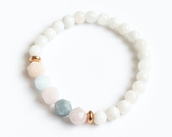 Moonstone and Beryl Skinny Stacker Bracelet, Natural Gemstone Bracelet, Stacking Bracelet, Minimal Bracelet, Gift for Her, Healing Crystals
