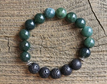 Green Moss Agate Essential Oil Diffuser Bracelet, Aromatherapy Bracelet, Gemstone and Lava Rock Bracelet, Unisex Bracelet, Father's Day Gift