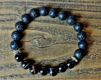 Black Sardonyx Lava Rock Essential Oil Diffuser Bracelet, Unisex Aromatherapy Bracelet