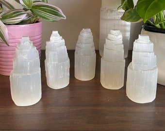 Selenite Tower 4" Tall, Healing Cleansing Crystal, Rough Stone