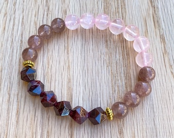 Garnet, Rose Quartz and Strawberry Quartz Bracelet/ Gemstone Bracelet/Stretch Bracelet/Healing Crystals Bracelet/January Birthstone Bracelet