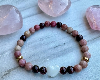 Rhodonite, Garnet & Mother of Pearl Heart Skinny Stacker Bracelet, Valentine's Day Bracelet, Gemstone Bracelet, Stacking Bracelet,