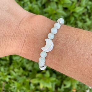 Green Moonstone & Mother of Pearl Moon Skinny Stacker Gemstone Bracelet, Prosperity and Attraction Bracelet
