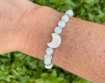 Green Moonstone & Mother of Pearl Moon Skinny Stacker Gemstone Bracelet, Prosperity and Attraction Bracelet