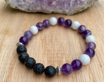 Amethyst and Moonstone Essential Oil Diffuser Bracelet, Aromatherapy Bracelet, Gemstone & Lava Rock Bracelet, February Birthday Gift for her