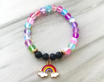 Children's Aura Quartz Rainbow Charm Aromatherapy Essential Oil Diffuser Bracelet, Kid's Lava Bead Bracelet, Stretch Bracelet, Easter Gift