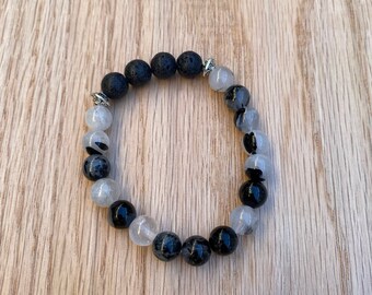 Tourmaline Quartz Essential Oil Diffuser Stretch Bracelet, Gemstone & Lava Rock Bracelet