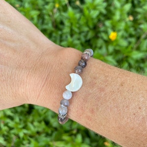 Botswana Agate & Mother of Pearl Moon Skinny Stacker Gemstone Bracelet, Balance and Creativity Bracelet