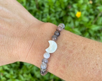 Botswana Agate & Mother of Pearl Moon Skinny Stacker Gemstone Bracelet, Balance and Creativity Bracelet