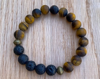 Tiger Eye Essential Oil Diffuser Bracelet, Aromatherapy Bracelet, Gemstone & Lava Rock Bracelet, Unisex Bracelet, Father's Day Gift