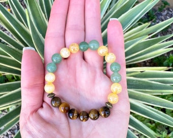Gemstone Abundance Bracelet, Tiger Eye, Citrine, Aventurine, 8mm