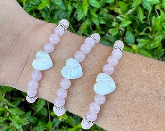 Rose Quartz & Mother of Pearl Heart Skinny Stacker Bracelet, Valentine's Day Bracelet, Gemstone Bracelet, Stacking Bracelet,