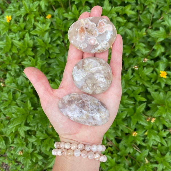 Flower Agate Polished Palm Stone, Cherry Blossom Agate Worry Stone, Sakura Agate Stone, Healing Crystal, Gems and Minerals, Reiki Crystal