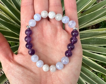 Stress & Anxiety 8mm Gemstone Bracelet, Elastic Stretch Bracelet, Intentions Bracelet, Amethyst, Blue Lace Agate and Moonstone Bracelet