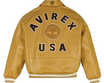 Jaqueta Varsity Masculina Avirex x TIMBERLAND em Couro Legítimo Amarela - Edição Limitada