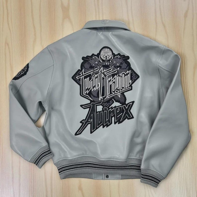 Men’s Avirex style cowhide leather bomber jacket with Twin Dragon embroidery, varsity bomber design in black