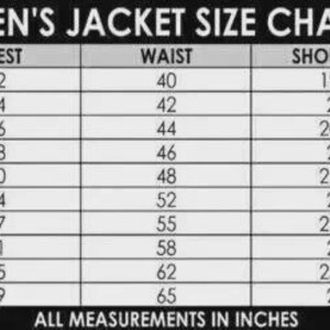 May include: A black and white Men's Jacket Size Chart. The chart includes sizes XS to 6XL, with chest, waist, shoulder, and sleeve length measurements in inches. The text "ALL MEASUREMENTS IN INCHES" is at the bottom.