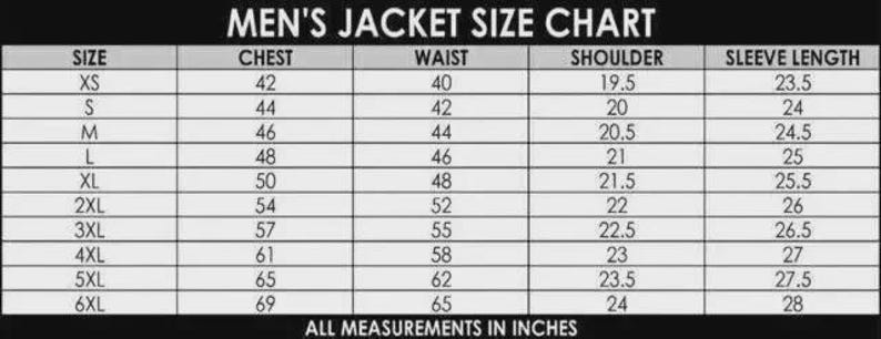 May include: A black and white Men's Jacket Size Chart. The chart includes sizes XS to 6XL, with chest, waist, shoulder, and sleeve length measurements in inches. The text "ALL MEASUREMENTS IN INCHES" is at the bottom.