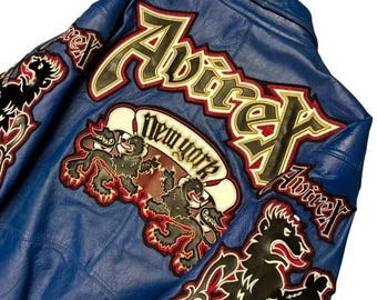 Jaqueta masculina Avirex Vintage anos 90 York Dragons Varsity Azul Legítimo NTW em couro legítimo