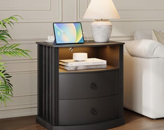 Modern Nightstand for Bedroom with 2 Drawrs, Charging Station, LED Lights - Curved Design