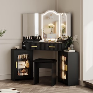 Corner Vanity Desk with Lights, Mirror, Storage Cabinets, Charging Station, Stool zdjęcie 18