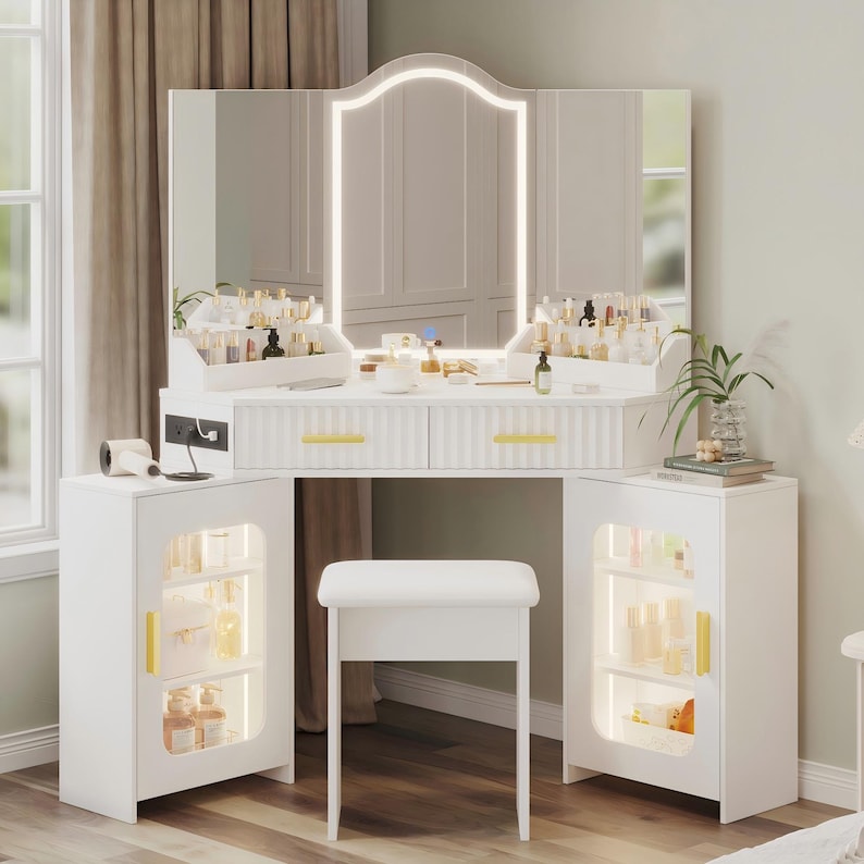 Corner Vanity Desk with Lights, Mirror, Storage Cabinets, Charging Station, Stool Biały