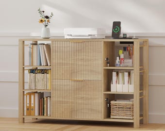 Fluted Home Office File Cabinet with Charging Station & Locks