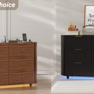 May include: Two modern six-drawer dressers, one in a woven brown finish and the other in black with vertical grooves. Both have gold-toned hardware and are illuminated at the base. The text "2 Colors for Choice" is at the top.