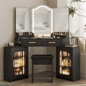Corner Vanity Desk with Lights, Mirror, Storage Cabinets, Charging Station, Stool zdjęcie 15
