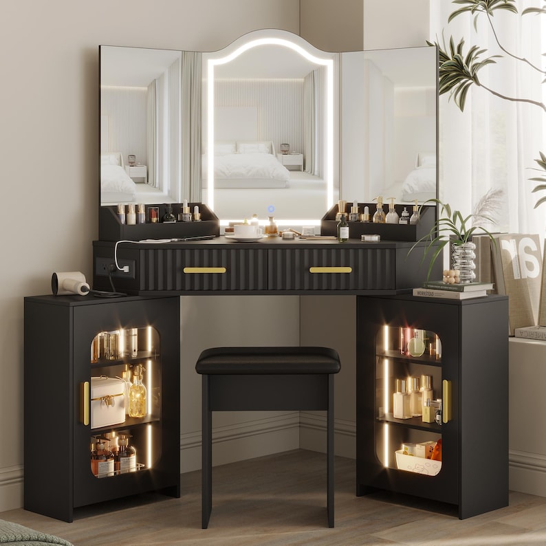 Corner Vanity Desk with Lights, Mirror, Storage Cabinets, Charging Station, Stool zdjęcie 15