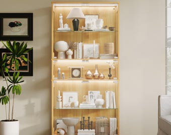 Wooden Display Cabinet with LED Lighting, 5-Tier Glass Shelf Unit, Motion Sensor (165x80 cm)