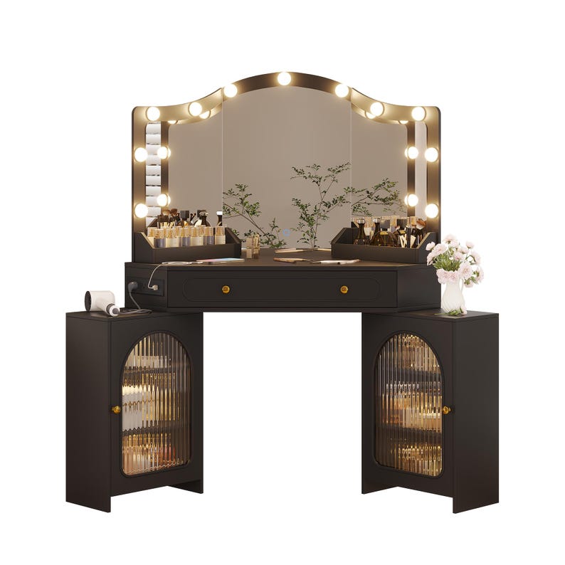 Corner Vanity Desk with 3-Way Mirror, LED Lights, Storage Cabinets, Power Outlet - MDF Wood Black