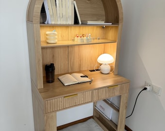 Arched Home Office Desk with Hutch, LED Lights & Charging Station - MDF Wood