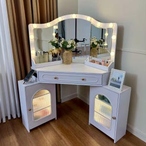 Corner Vanity Desk with 3-Way Mirror, LED Lights, Storage Cabinets, Power Outlet