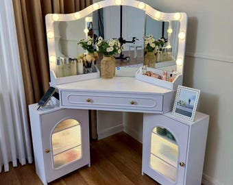 Corner Vanity Desk with 3-Way Mirror, LED Lights, Storage Cabinets, Power Outlet