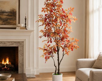Artificial Autumn Oak Tree, 6ft/7ft Fall Foliage, White Woven Planter Indoor Décor