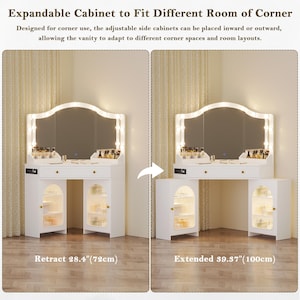 May include: White expandable vanity with a lighted mirror. The vanity has a drawer and two cabinets with glass doors. The text reads "Retract 28.4"" and "Extended 39.37"" indicating the vanity's adjustable size.