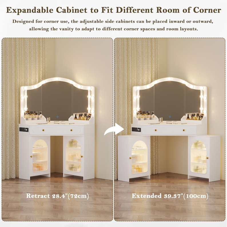 May include: White expandable vanity with a lighted mirror. The vanity has a drawer and two cabinets with glass doors. The text reads "Retract 28.4"" and "Extended 39.37"" indicating the vanity's adjustable size.