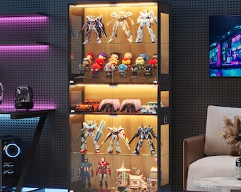 Modern LED Display Cabinet with Glass Doors, Curio Shelf for Collectibles