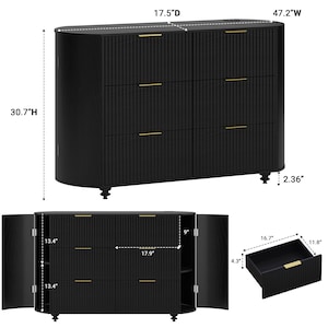 May include: A black dresser with six drawers and gold-colored handles. The dresser is 47.2 inches wide, 17.5 inches deep, and 30.7 inches high. The drawers have a textured, vertical ribbed design. The dresser has two doors and sits on short, decorative legs.