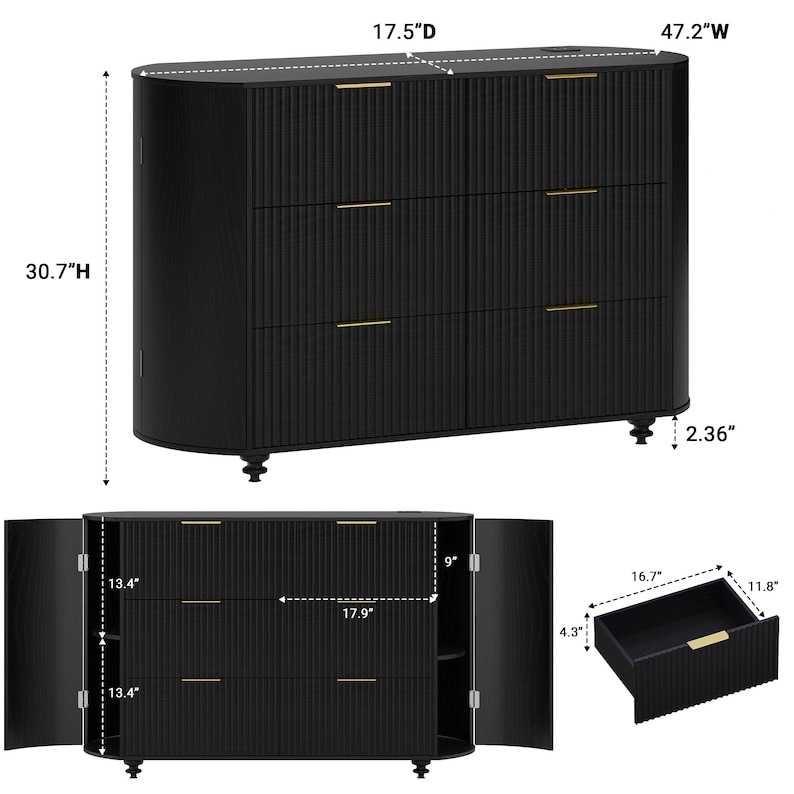 May include: A black dresser with six drawers and gold-colored handles. The dresser is 47.2 inches wide, 17.5 inches deep, and 30.7 inches high. The drawers have a textured, vertical ribbed design. The dresser has two doors and sits on short, decorative legs.